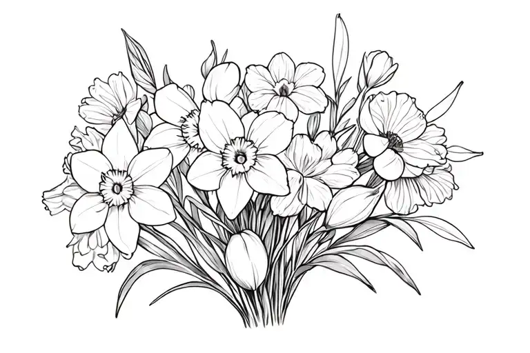 flower bouquet of paperwhite narcissus, violets, primroses,marigolds,carnation and tulips tattoo design idea