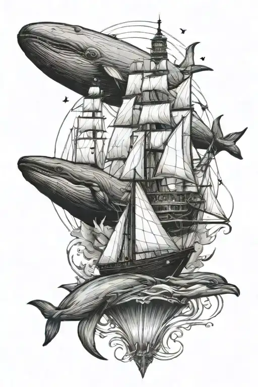 ocean ship whale compass squid lighthouse shining tattoo design idea