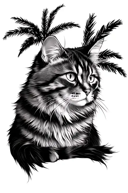 maine coon cat met palm tree branch tattoo design idea