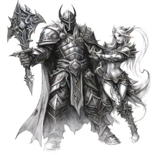 Sketch of Sylvanas Windrunner fighting with the Lich King for the ice crown tattoo design idea