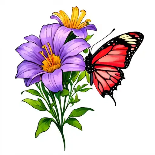 A Lily flower, Sweet pea flower, daisy flower, a purple butterfly and a red butterfly  tattoo design idea