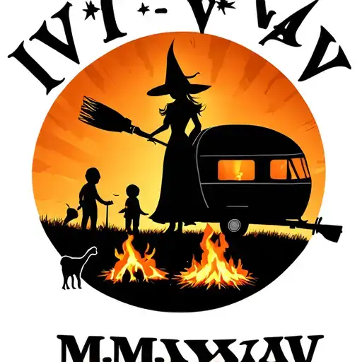 "IV V MMXIV" silhouette of busty sexy witch bride on broomstick over a campsite with a trailer and campfire with children & dog tattoo design idea