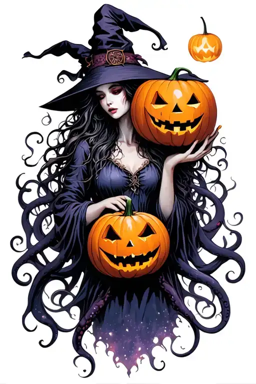 witch holding jack-o'-lantern, tentacles, space, eldritch tattoo design idea