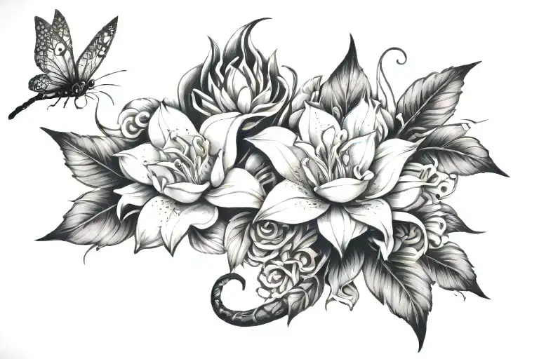 half sleeve tattoo featurning oriental lilys roses and rose thorns, dragonfly, diwali lamp tattoo design idea