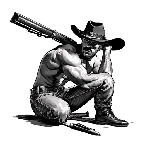 Gay Pinup cowboy, Style Of Tom Of finland style drawing tattoo design idea