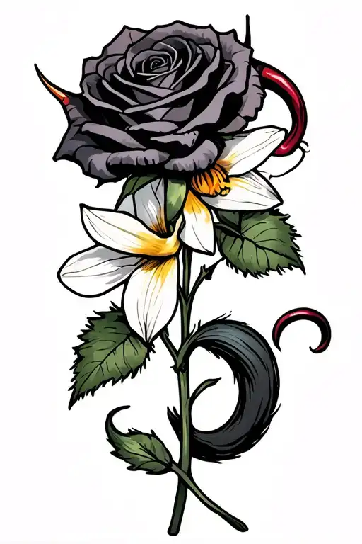 Rose with devil horns and a devil tail wrapped around and a daffodil tattoo design idea