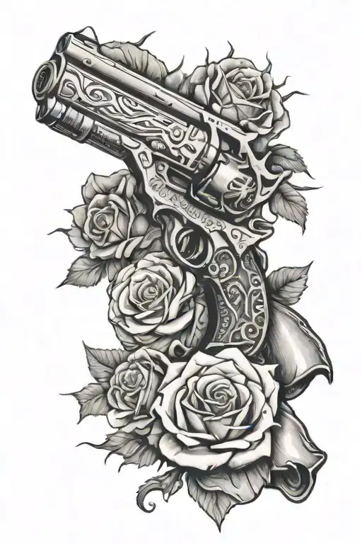 western themed forearm tattoo with, guns, money, roses and thorns with shading  tattoo design idea