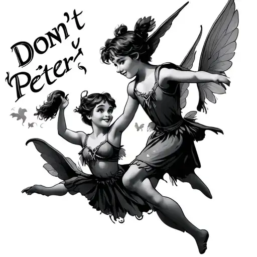 "Don’t Worry Peter Pan" Peter Pan and wendy flying tattoo design idea