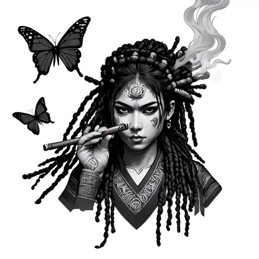 female samurai with dread lock smoking a blunt with butterflies around  tattoo design idea