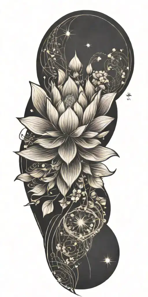 central lotus flower, celestial elements like stars and planets, sacred geometry, and serene landscapes such as mountain tattoo design idea