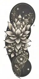 central lotus flower, celestial elements like stars and planets, sacred geometry, and serene landscapes such as mountain tattoo design idea