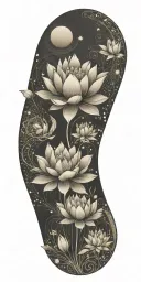 central lotus flower, celestial elements like stars and planets, sacred geometry, and serene landscapes such as mountain tattoo design idea