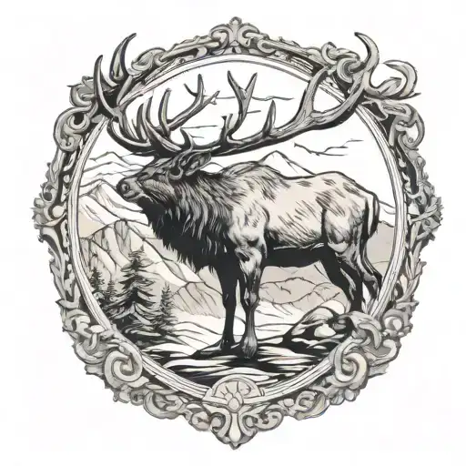 Bull Elk with Mountain scene with antique gold  picture frame tattoo design idea