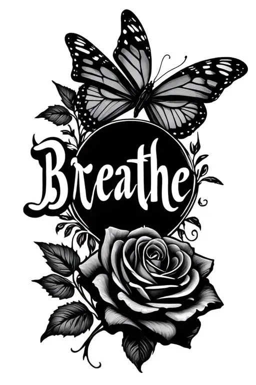 "Breathe" breathe with butterfly and rose tattoo design idea