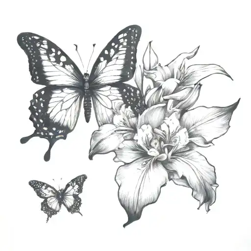 butterfly and iris and poinsettia tattoo design idea