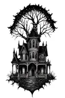white birch tree haunted house  tattoo design idea