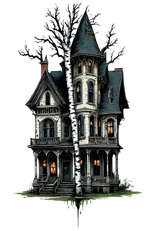 white birch tree haunted house  tattoo design idea