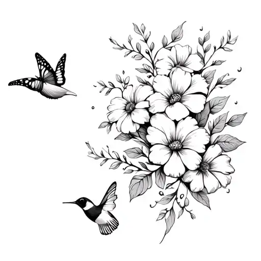 Black n white Flowers with leaves that wrap around the thigh with butterflies and a hummingbird around the flowers tattoo design idea
