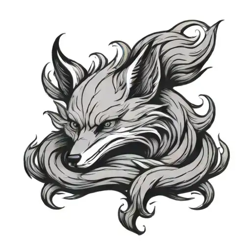 A black-and-white tattoo of a majestic nine-tailed fox, inspired by Naruto, sitting in a meditative pose. The fox’s body tattoo design idea