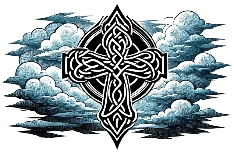 Black celtic cross fading into sky blue clouds above tattoo design idea