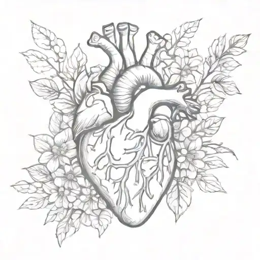 anatomical heart with honeysuckle flowers tattoo design idea