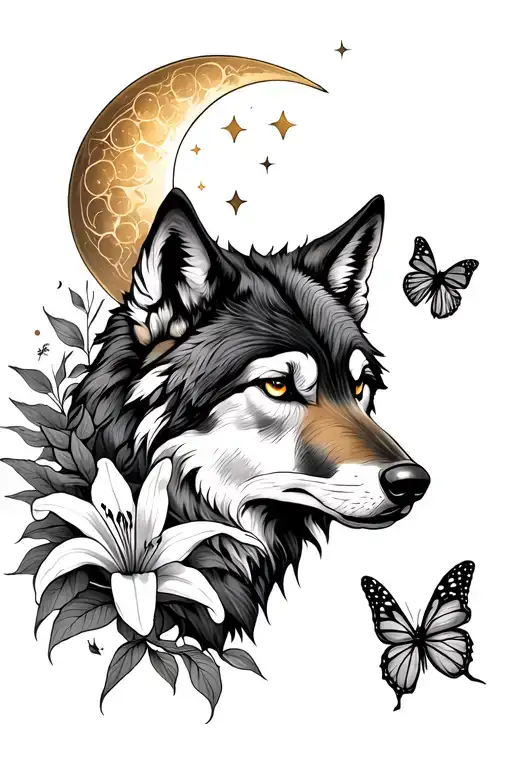 wolf with french lily, butterfly an sun and moon intertwined tattoo design idea