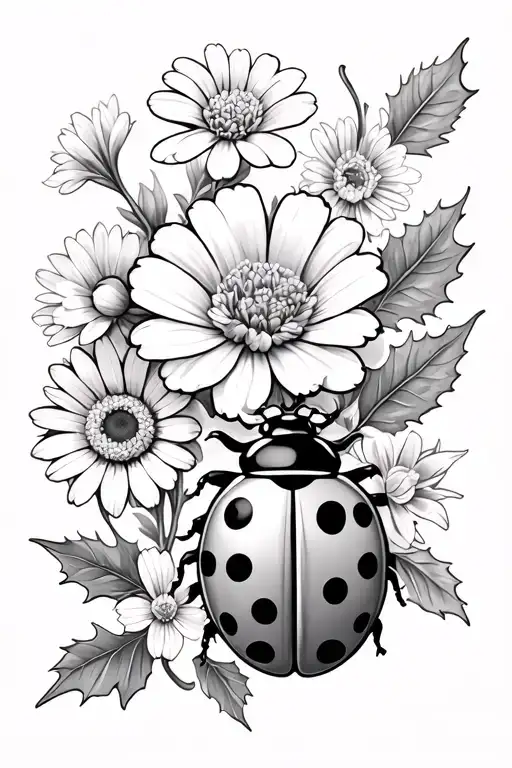 lady bug with carnation flower, snowdrop flower, daisy flower, chrysanthemum flower, and holly flowers tattoo design idea