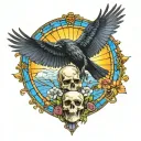 raven flying with a skull with mushrooms as bottom border with blue stained glass background and sun tattoo design idea