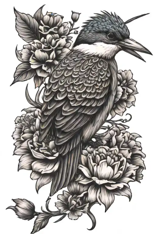Kingfisher with carnations and daisies tattoo design idea