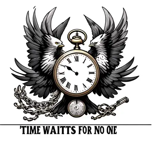 "Time Waits for No One" american eagle and pocket watch surrounded tattoo design idea