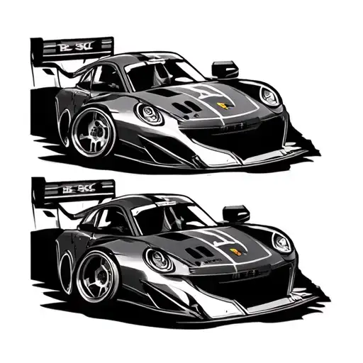 Two cars : one with the front of a F1 race car and one with the back of a Porshe 911 tattoo design idea