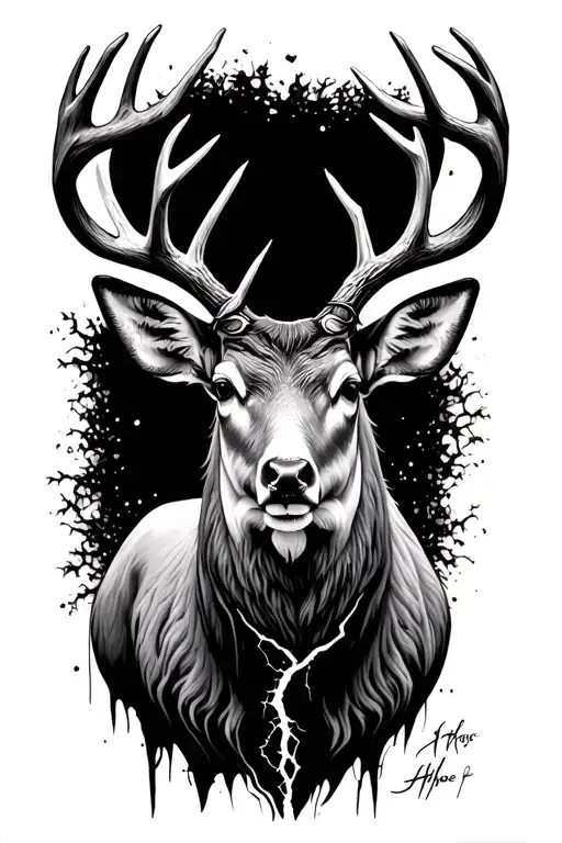 realistic stag front-facing, glowing chest crack, duality, hope and melancholy, fine line, minimal, tattoo style tattoo design idea