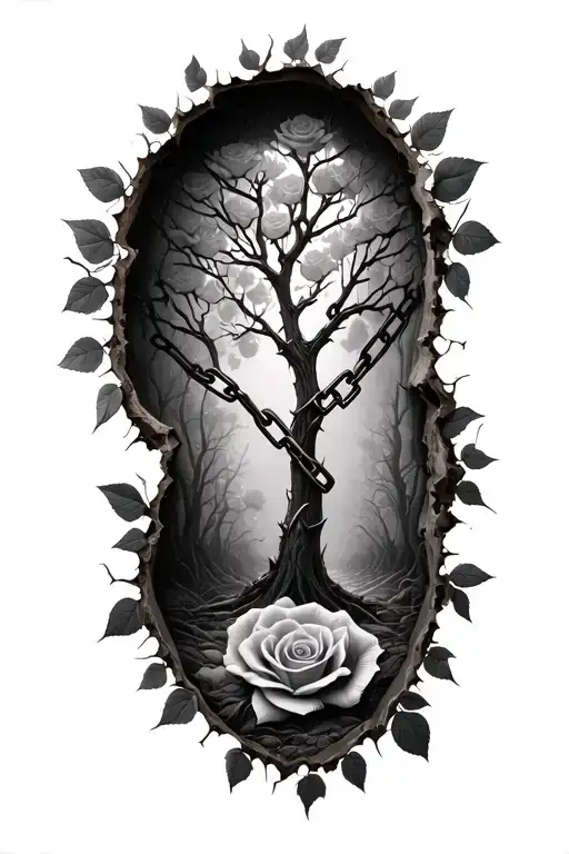 ripped holes with thorns chain going across and roses tree inside the holes, with leafs and 3d effect tattoo design idea