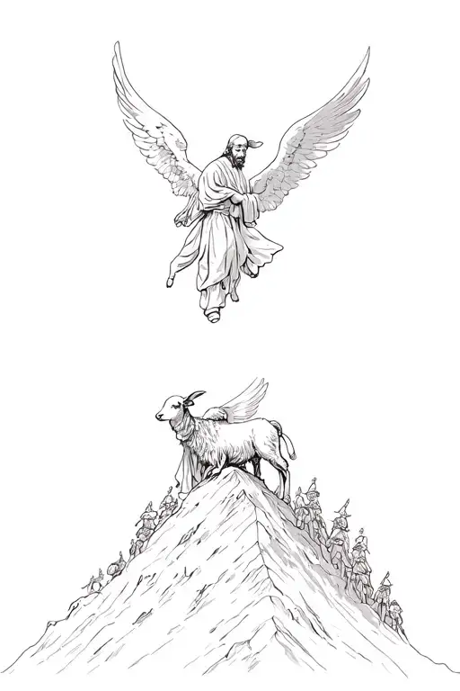 shepherd carrying a lamb up a mountain with a battle of angels behind him tattoo design idea