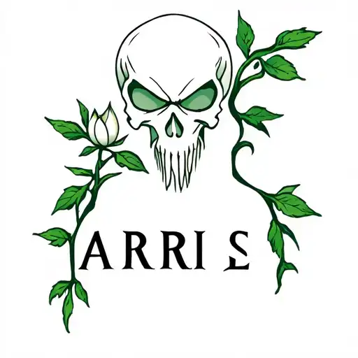"ARISE" Vines w/ leaves and lotus growing through a skull (similar to harry potter "dark mark" and Marvel: The Punisher's Logo). tattoo design idea
