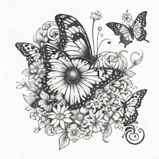 quote "in another universe" surrounded by black and white butterflies with daisys and sweet pea flowers tattoo design idea