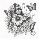 quote "in another universe" surrounded by black and white butterflies with daisys and sweet pea flowers tattoo design idea
