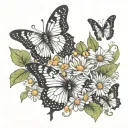 quote "in another universe" surrounded by black and white butterflies with daisys and sweet pea flowers tattoo design idea