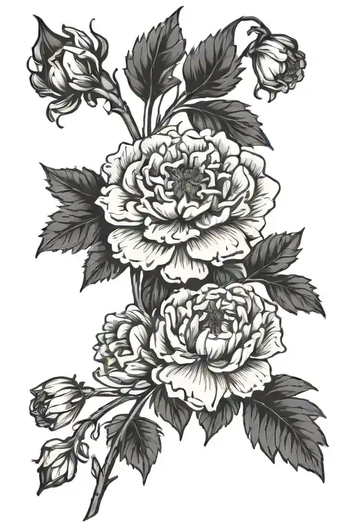 finefine, marigold,carnation,snowdrop,aster,violet,galdious with stems tattoo design idea