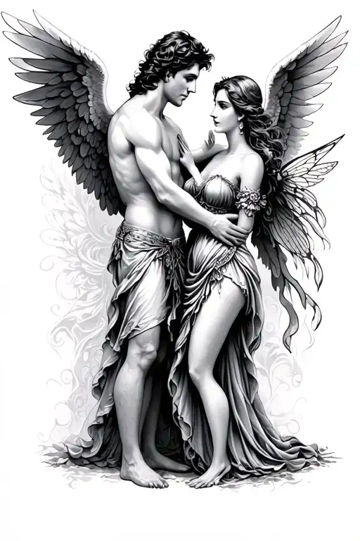 male angel and female fairy in love tattoo design idea