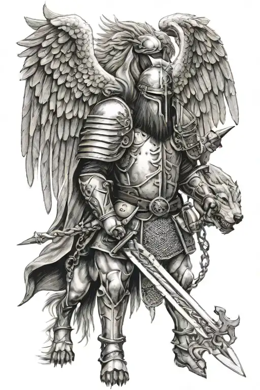 crusade soldier wings sword heaven hell hound tattoo design idea