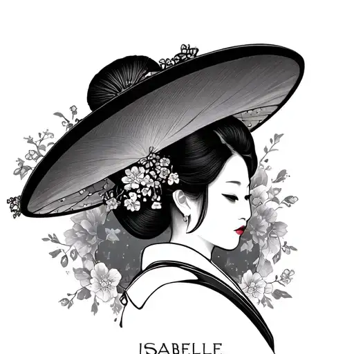 "No details and all replaces" Geisha with hat and first name Isabelle in Japanese tattoo design idea