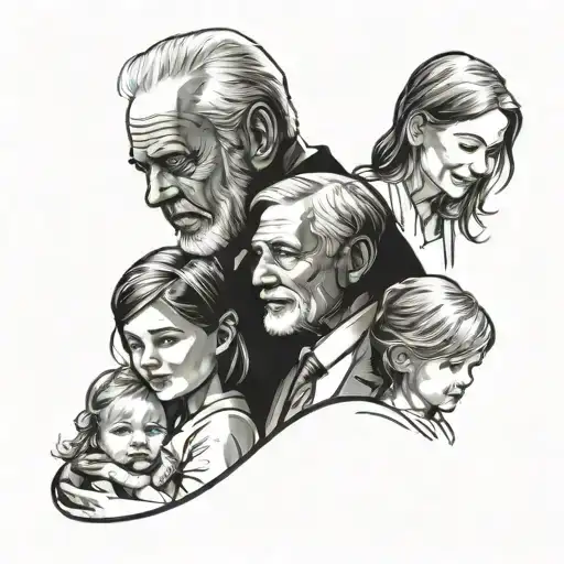 grandfather with daughter and 2 grandchildren sillouette tattoo design idea
