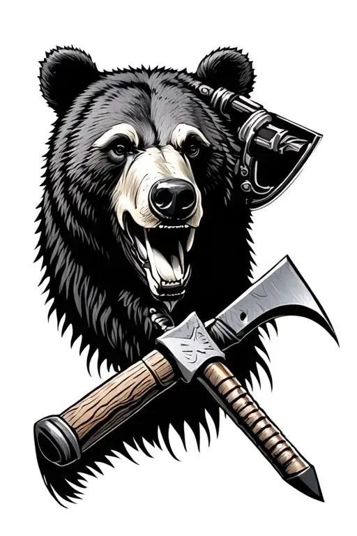 mining pickaxe through bear head tattoo design idea