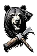 mining pickaxe through bear head tattoo design idea