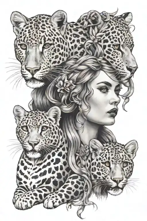 a gothic woman with 2 falling locks and a wild leopard tattoo design idea
