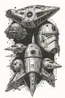 An intricate design featuring iconic Star Wars spaceships in a dotwork style tattoo design idea