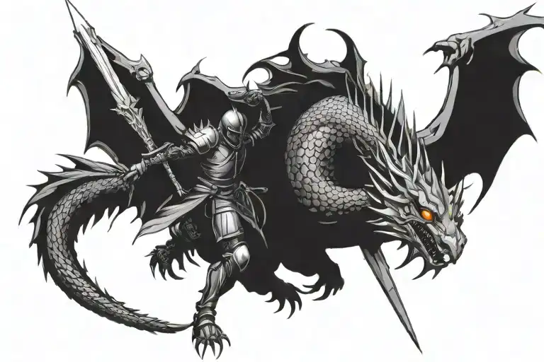 knight with sword fighting dragon breathing fire tattoo design idea