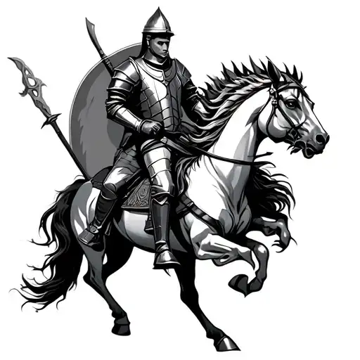a knight riding a horse with a dragon in the background tattoo design idea