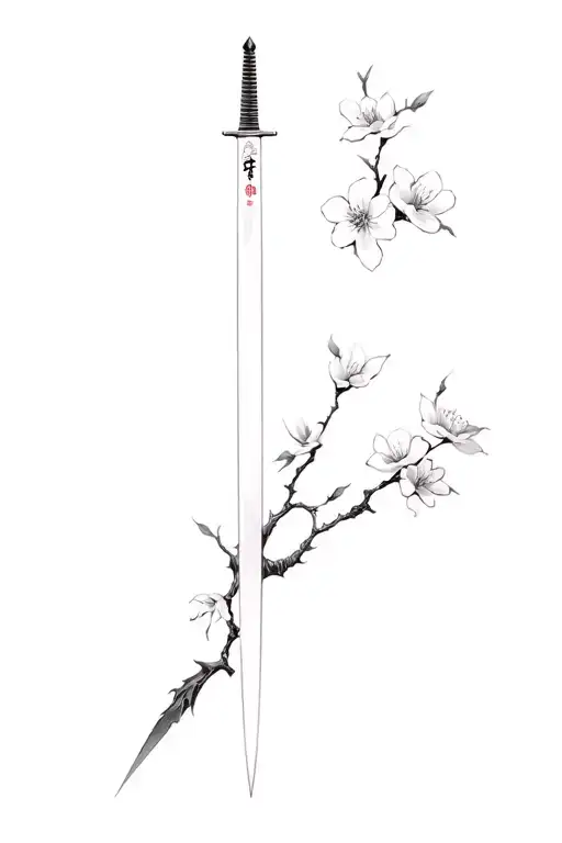 a cyber siglism with a japanse sword piercing cherry bolossoms tattoo design idea